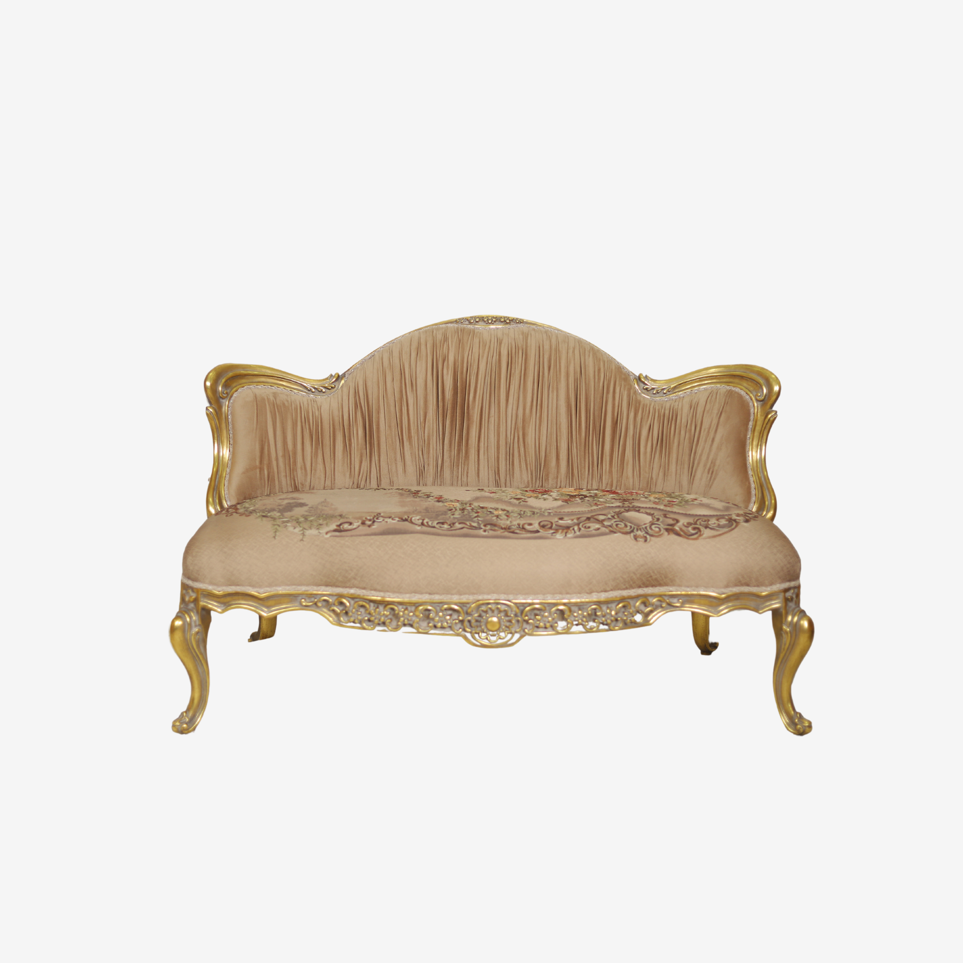 Front view of Cheryl Luxe Lounge with nickel-painted wood frame and plush upholstery