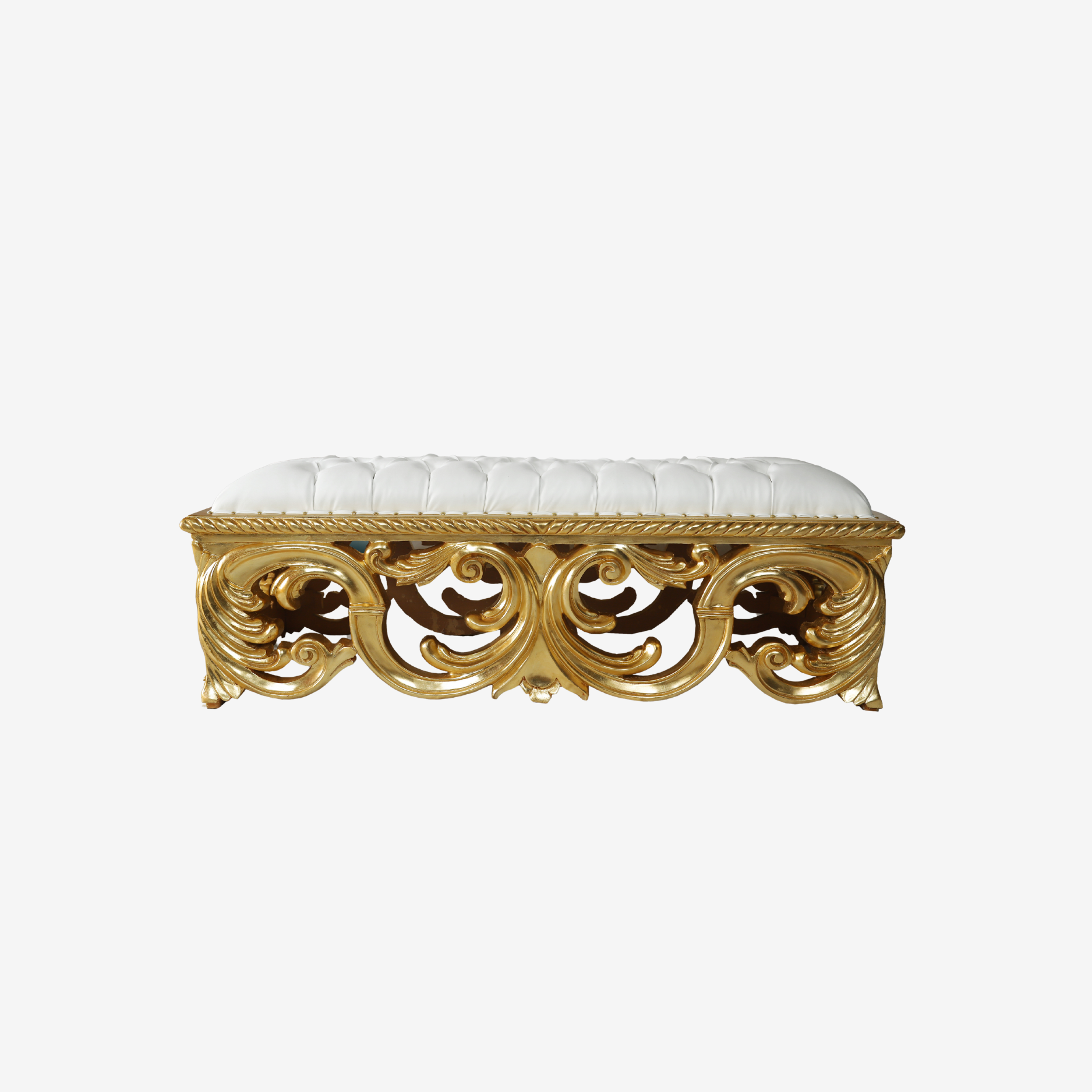 Golden Wave Bench with sculpted gold base and white tufted seat

