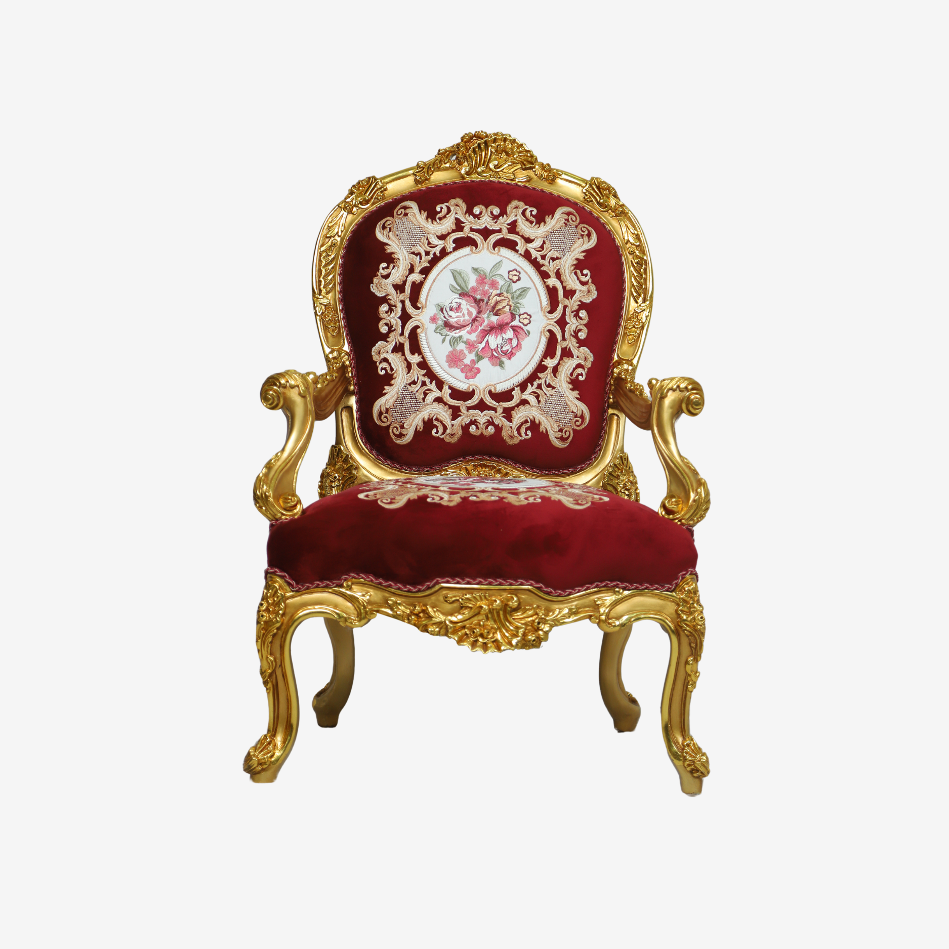 Front view of the Salon Seat showcasing its curvaceous wood frame and nickel finish.