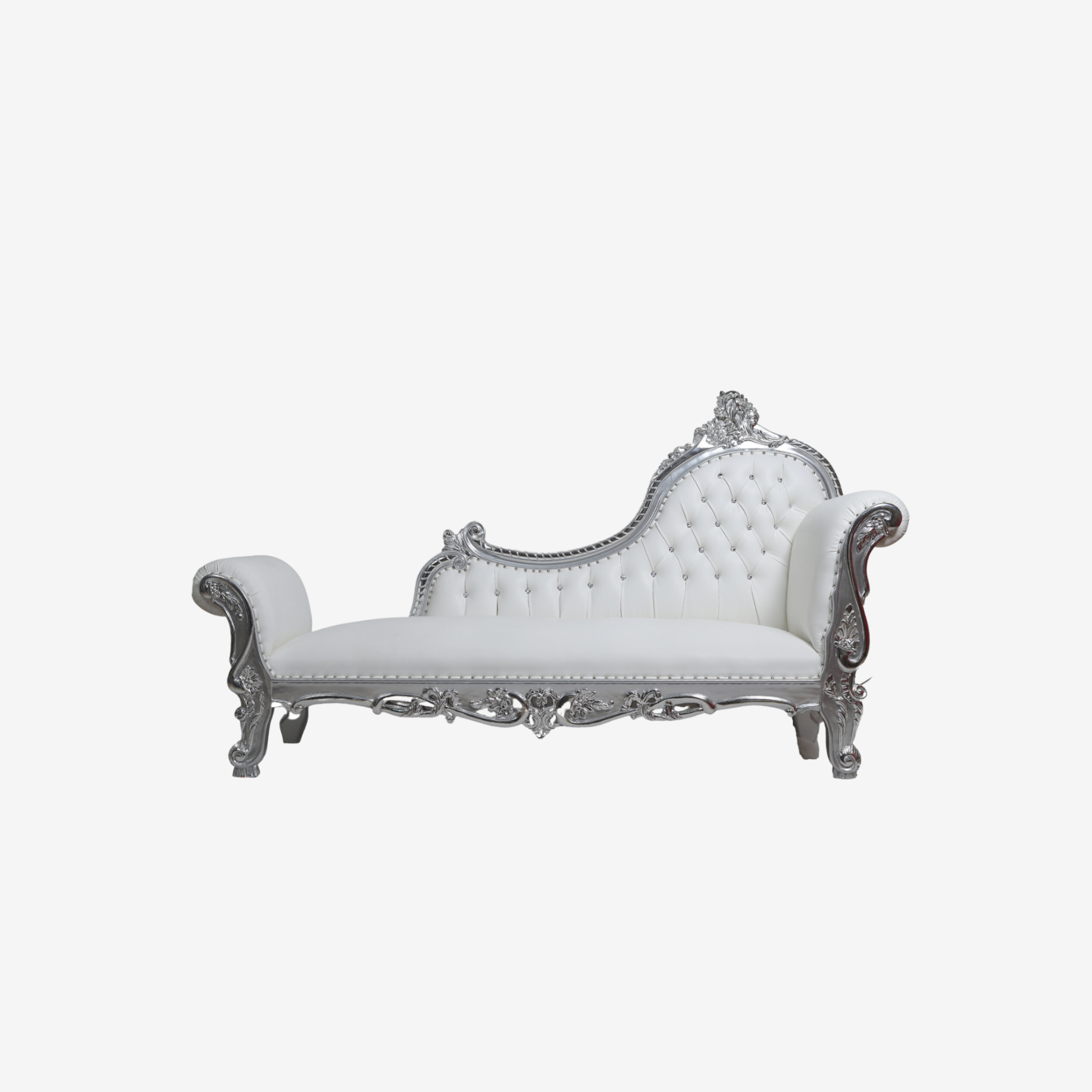 Front view of Silver Sparkle throne chair with custom-designed acrylic feet and slim English arms
