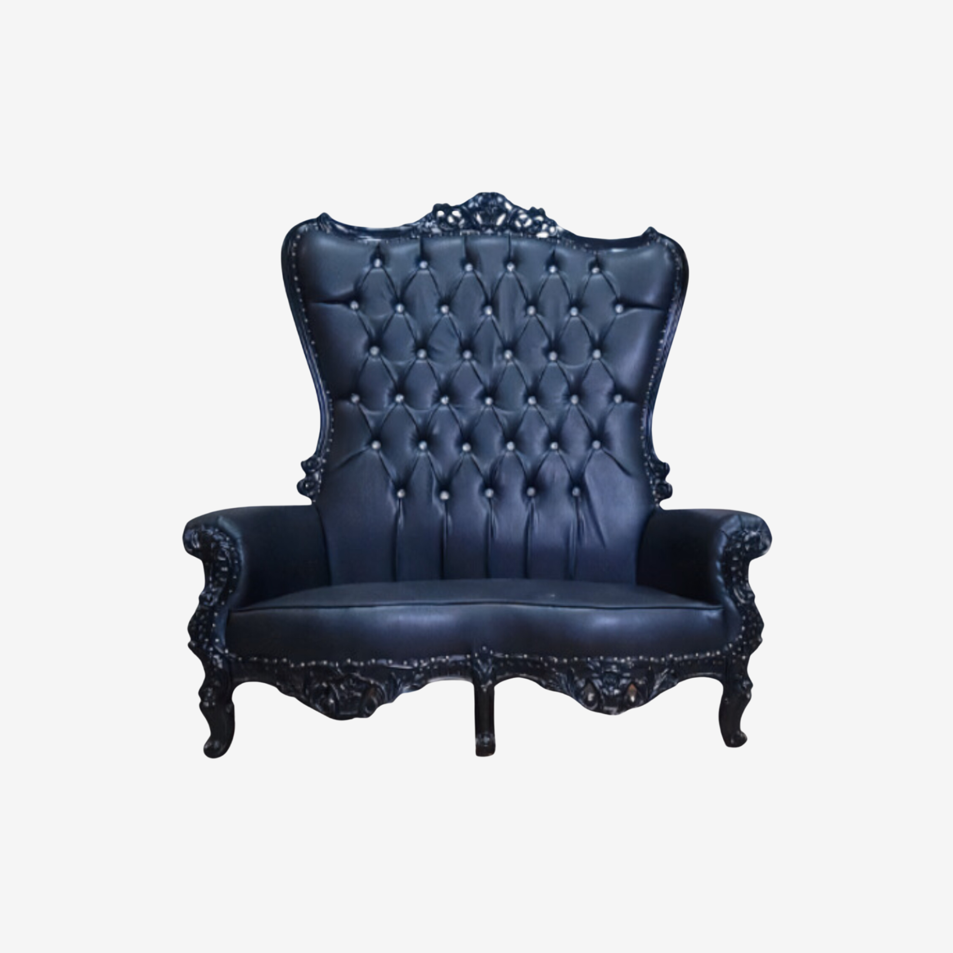Front view of The Black Pearl chair showcasing acrylic legs and contrast welt cord framing.​