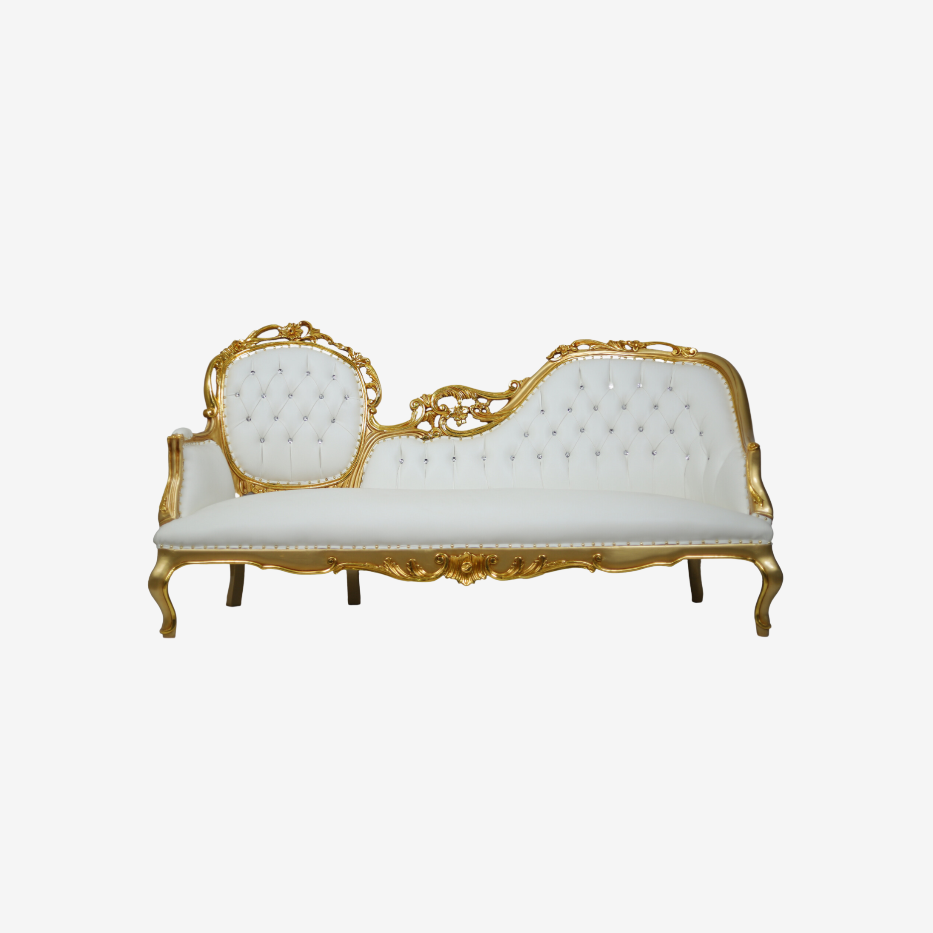 Front view of The Golden Goddess throne chair with modern nickel finish and slim angular metal frame.