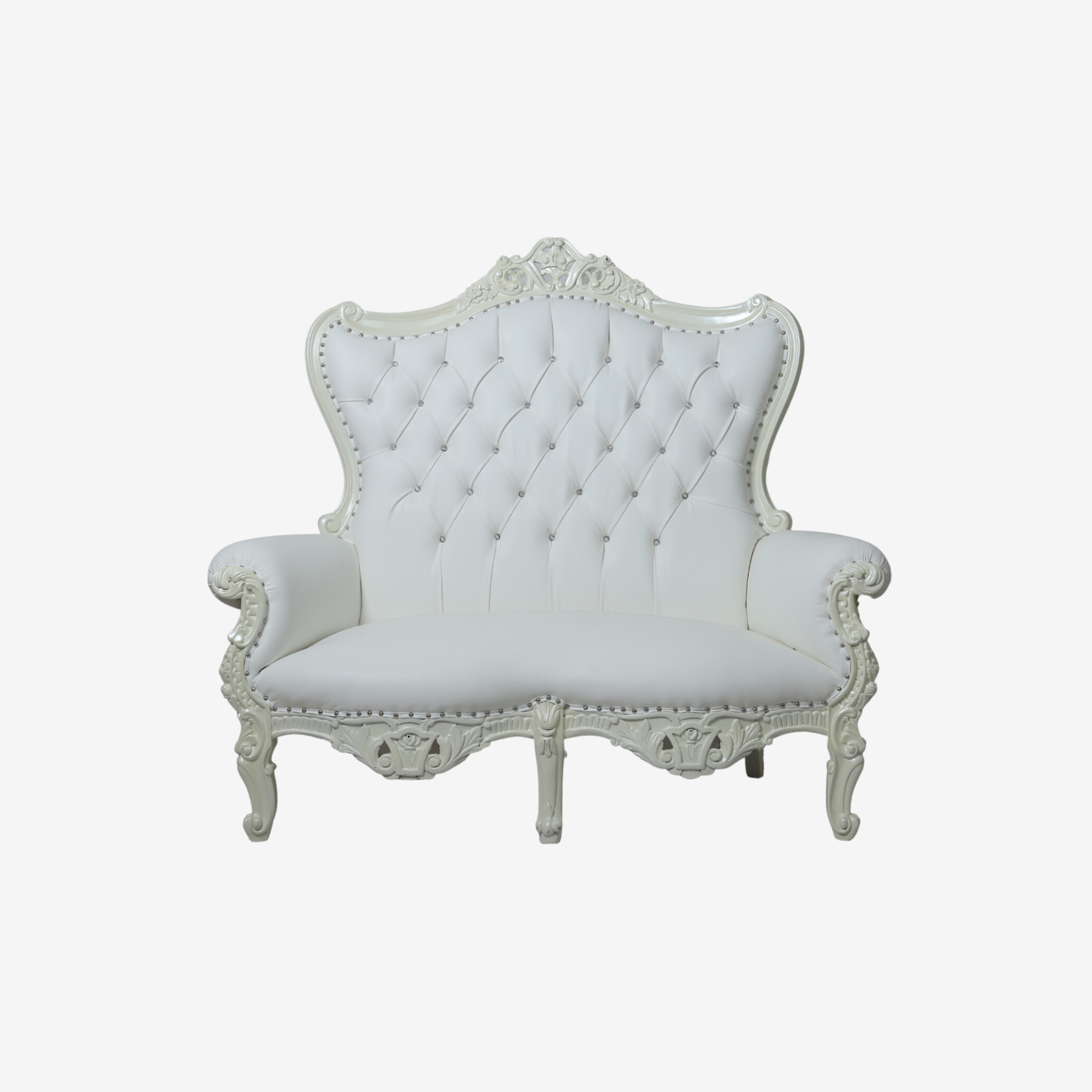 Front view of White Pearl throne chair with London Fog finish and performance fabric upholstery.