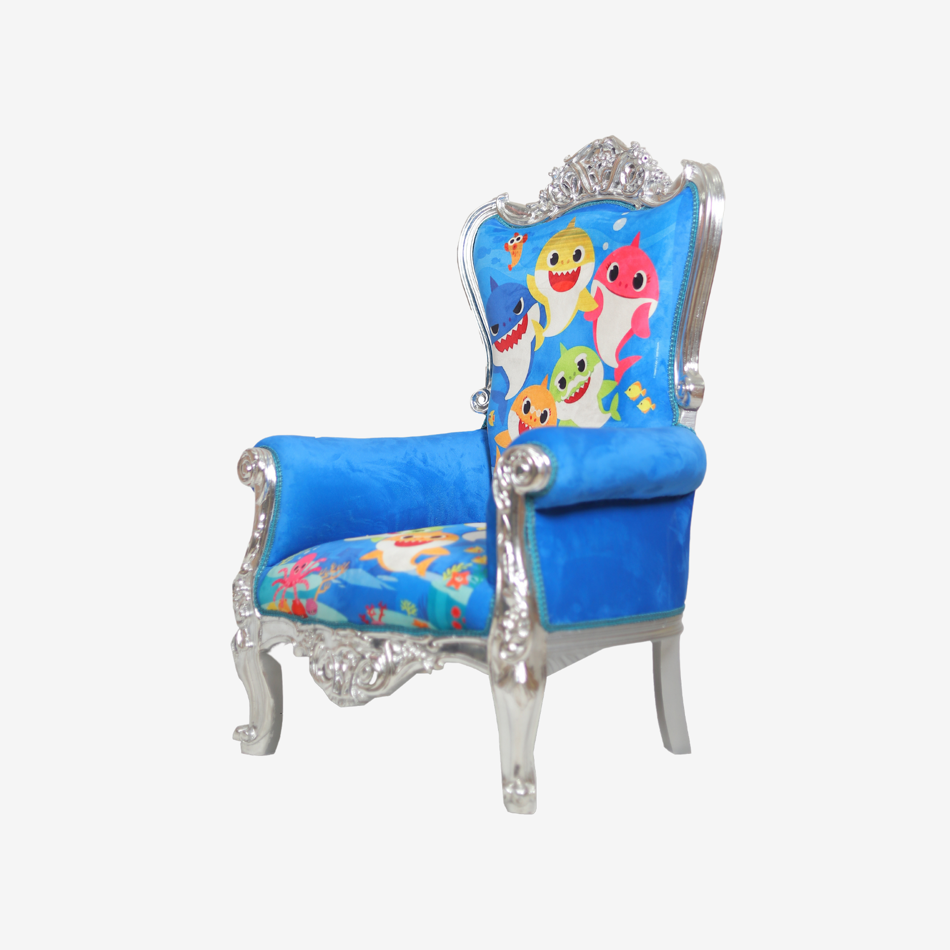 Side profile of Baby Shark Throne Chair highlighting comfortable seating