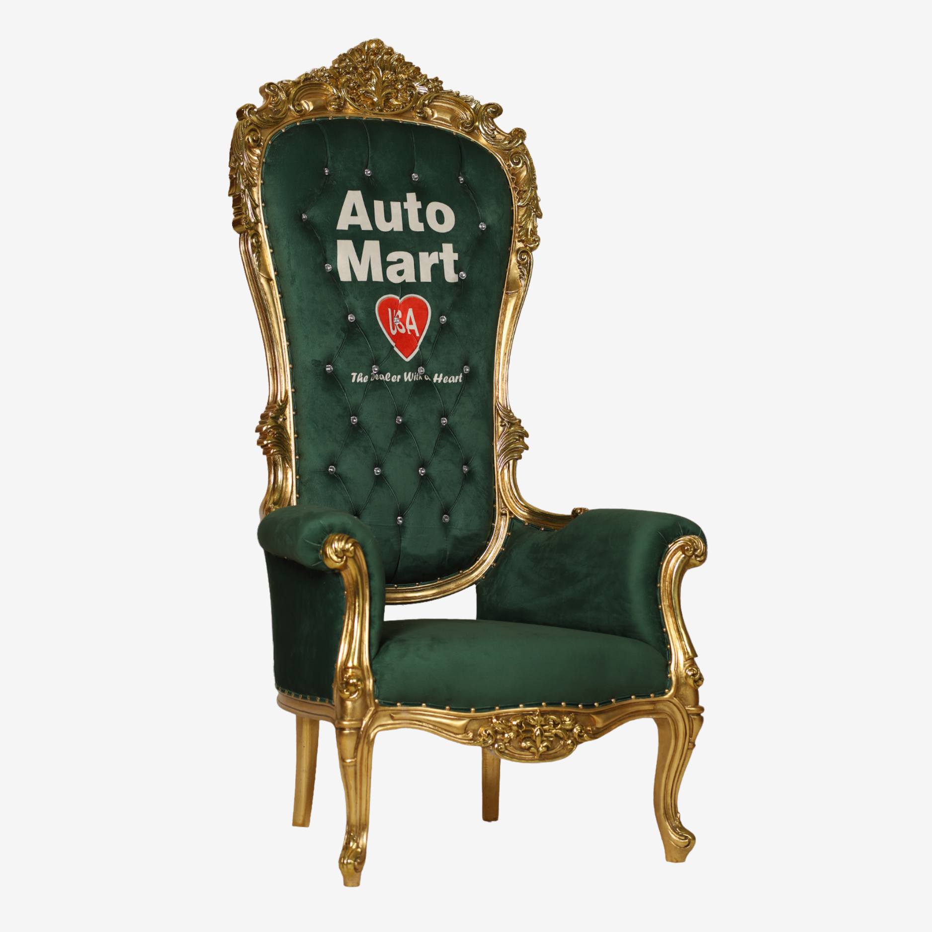 Side profile of Green Throne Chair highlighting plush upholstery