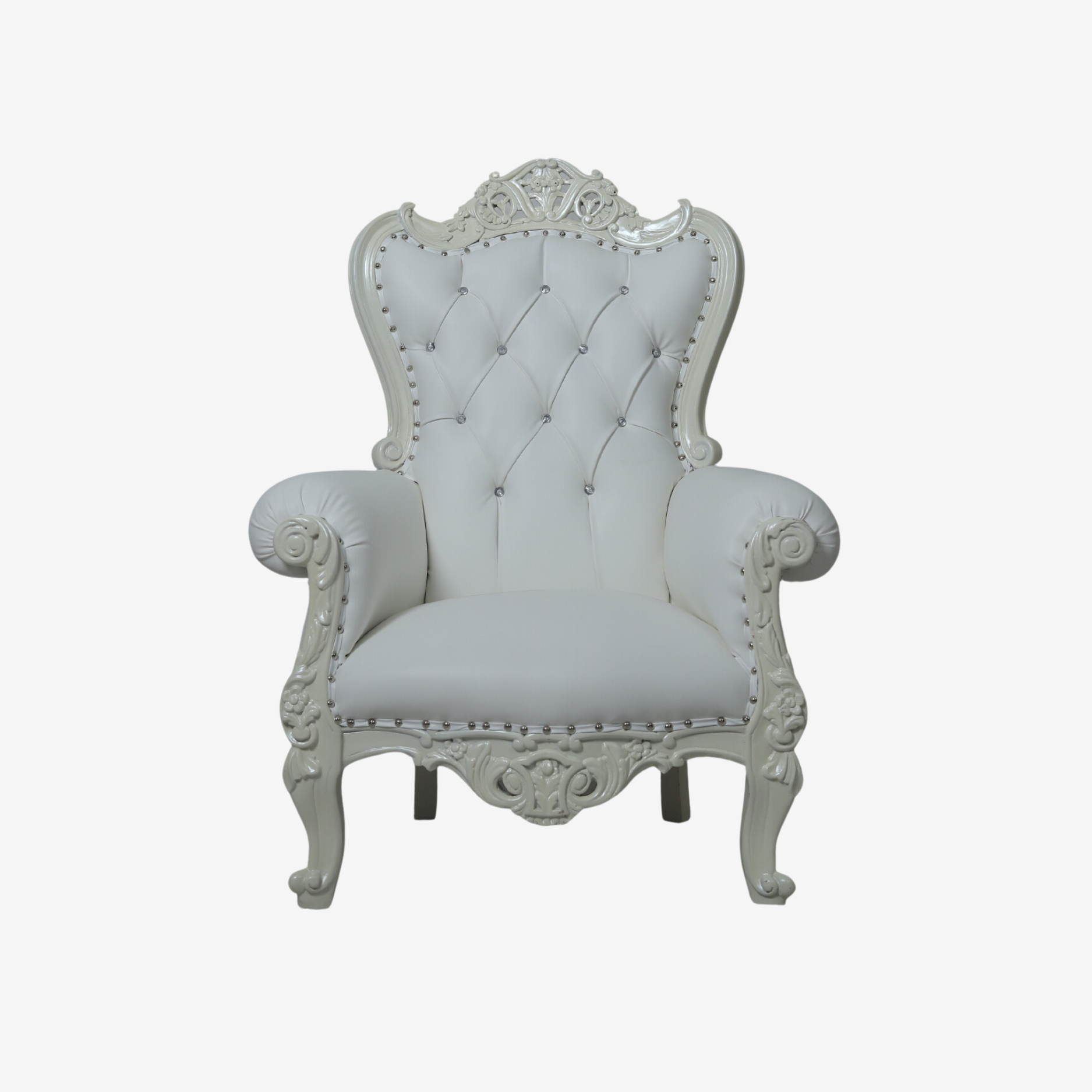 Front view of Silver Style throne chair with Tuxedo Black finish and metal accents.